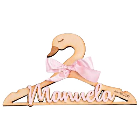 Percha cisne madera con nombre rosa